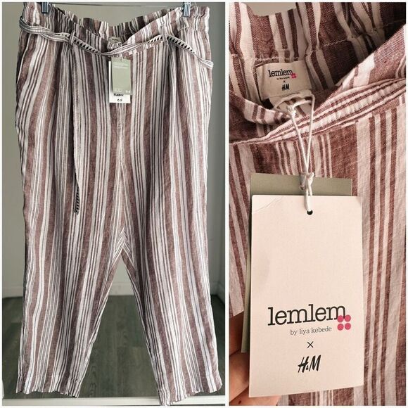 NWT H&M Lemlem 100% Linen Pants Striped Paperwaist XXL - Picture 1 of 5